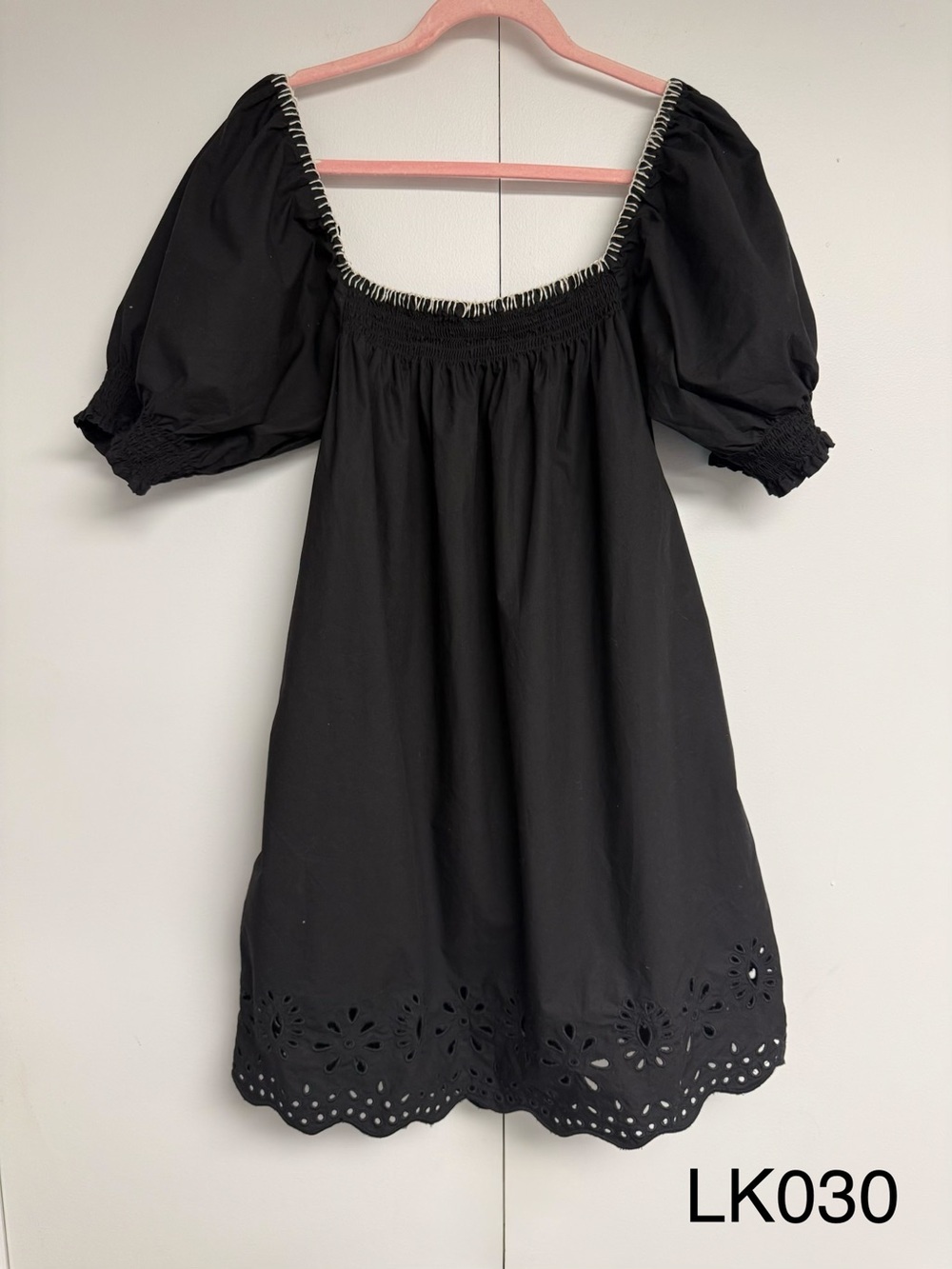RHODE Evie Black Eyelet Babydoll Puff Sleeve Mini Dress M